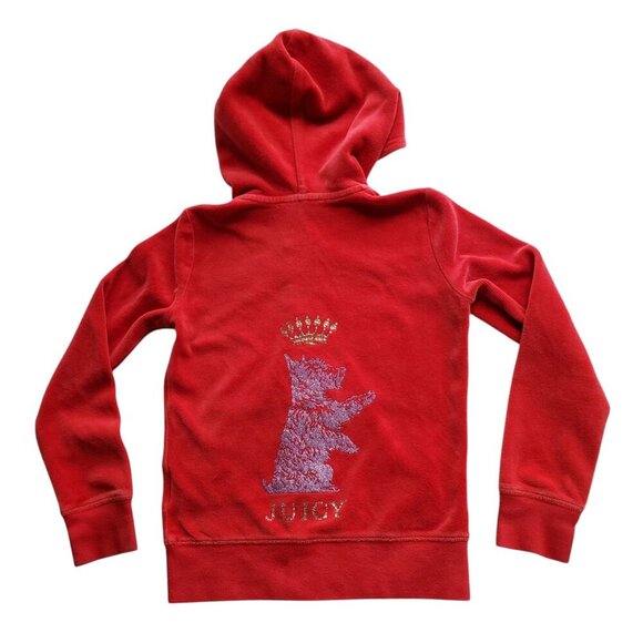Juicy Couture Girl’s Red Velour Shiny Puppy Rhinestone Crown Graphic Hoodie 6/7 - Picture 1 of 12